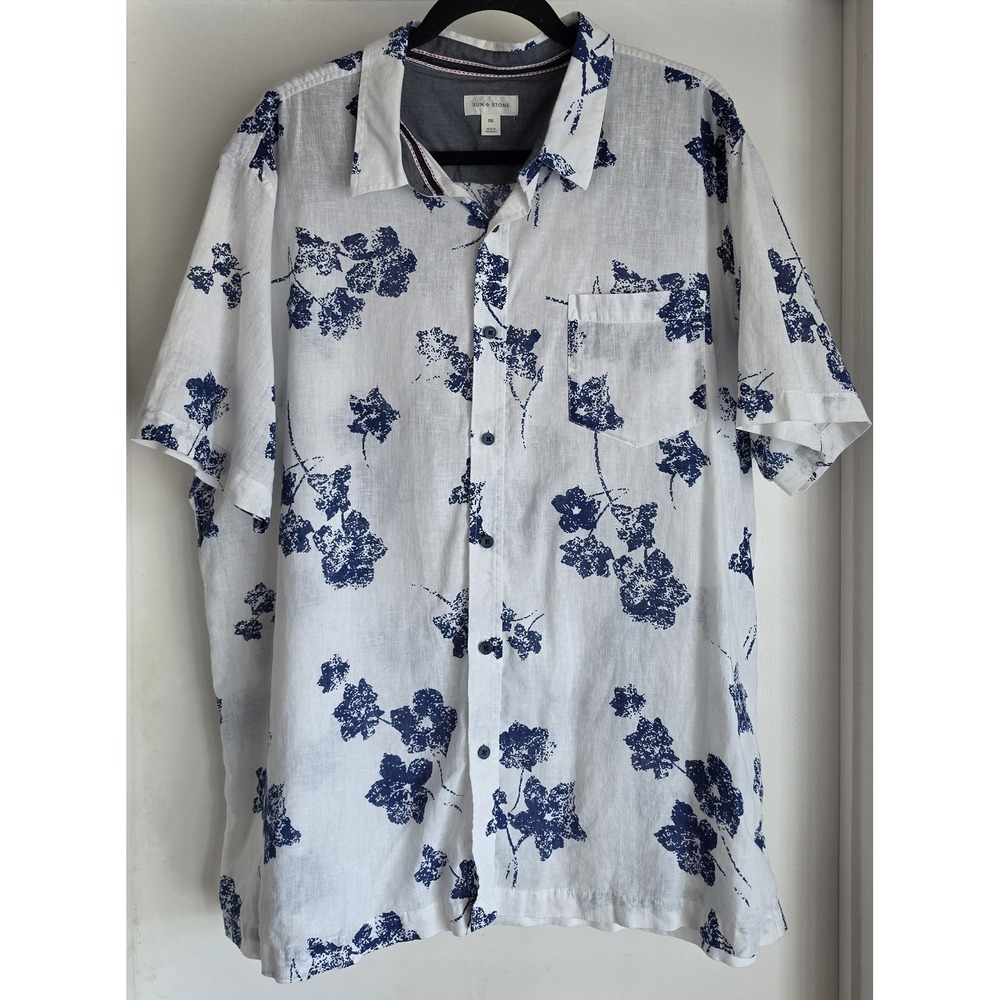 Sun + Stone Men XXL Floral Linen Button-Down Shirt White Blue Short Sleeve